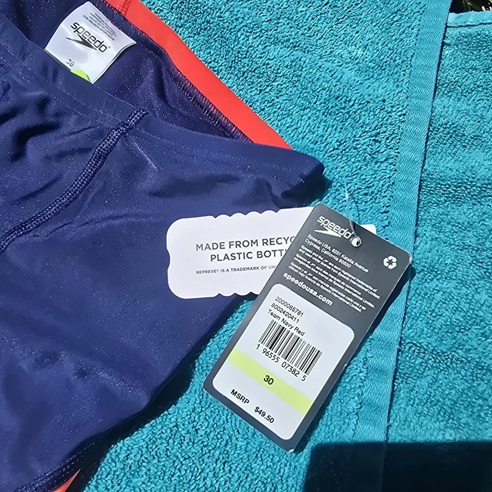 Speedo Eco ProLT Jammer Swimsuit Size 30 Navy Red Boys Swim Team UPF 50+ New